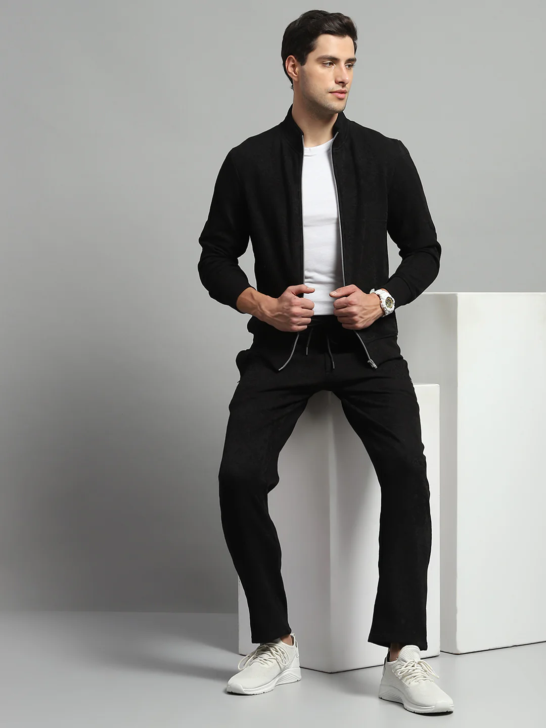 Luxuria Men Black Self Design Mock Neck Full Sleeve Winter Tracksuit - Image 2