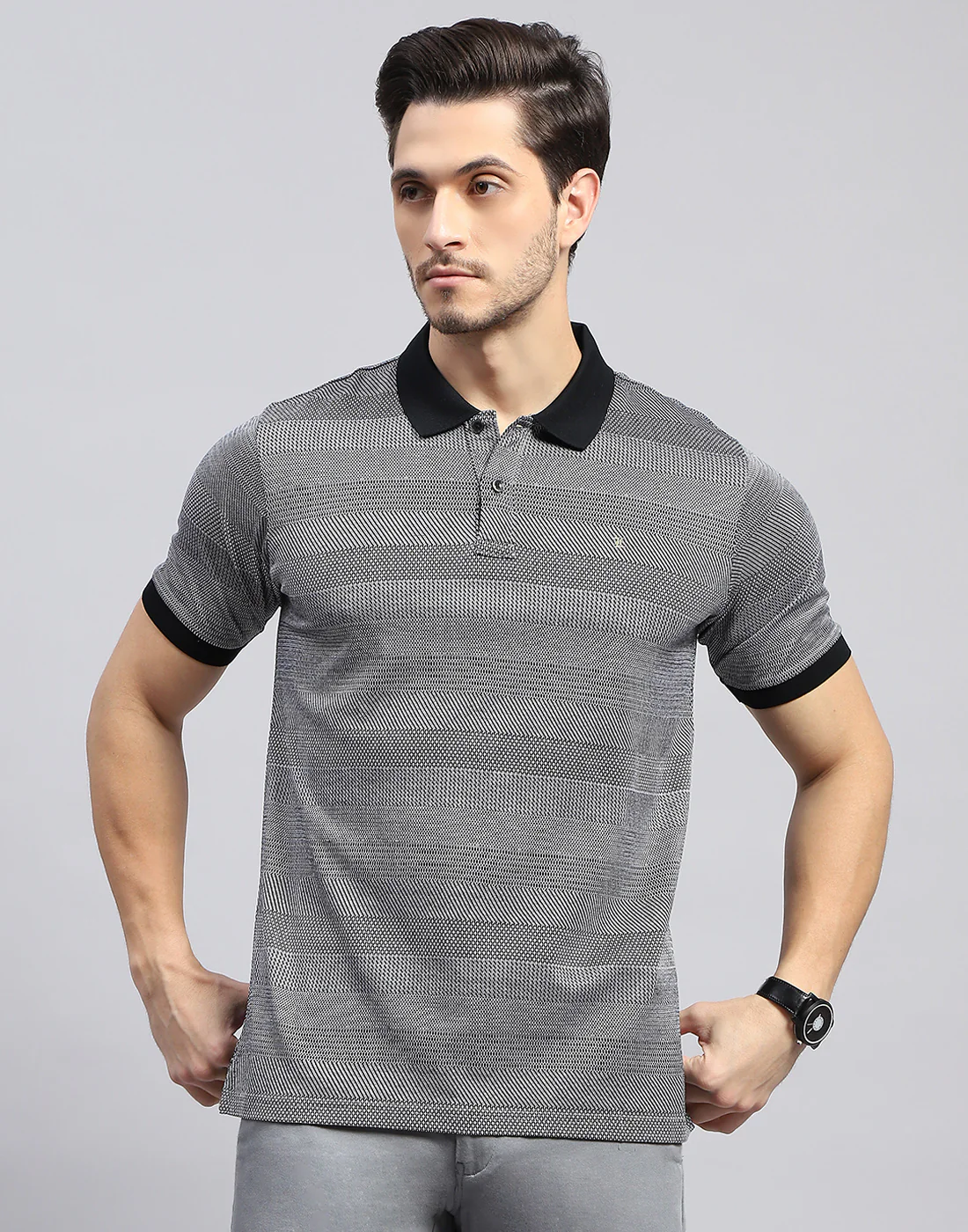 Men Black Self Design Polo Collar Half Sleeve T-Shirt - Image 2
