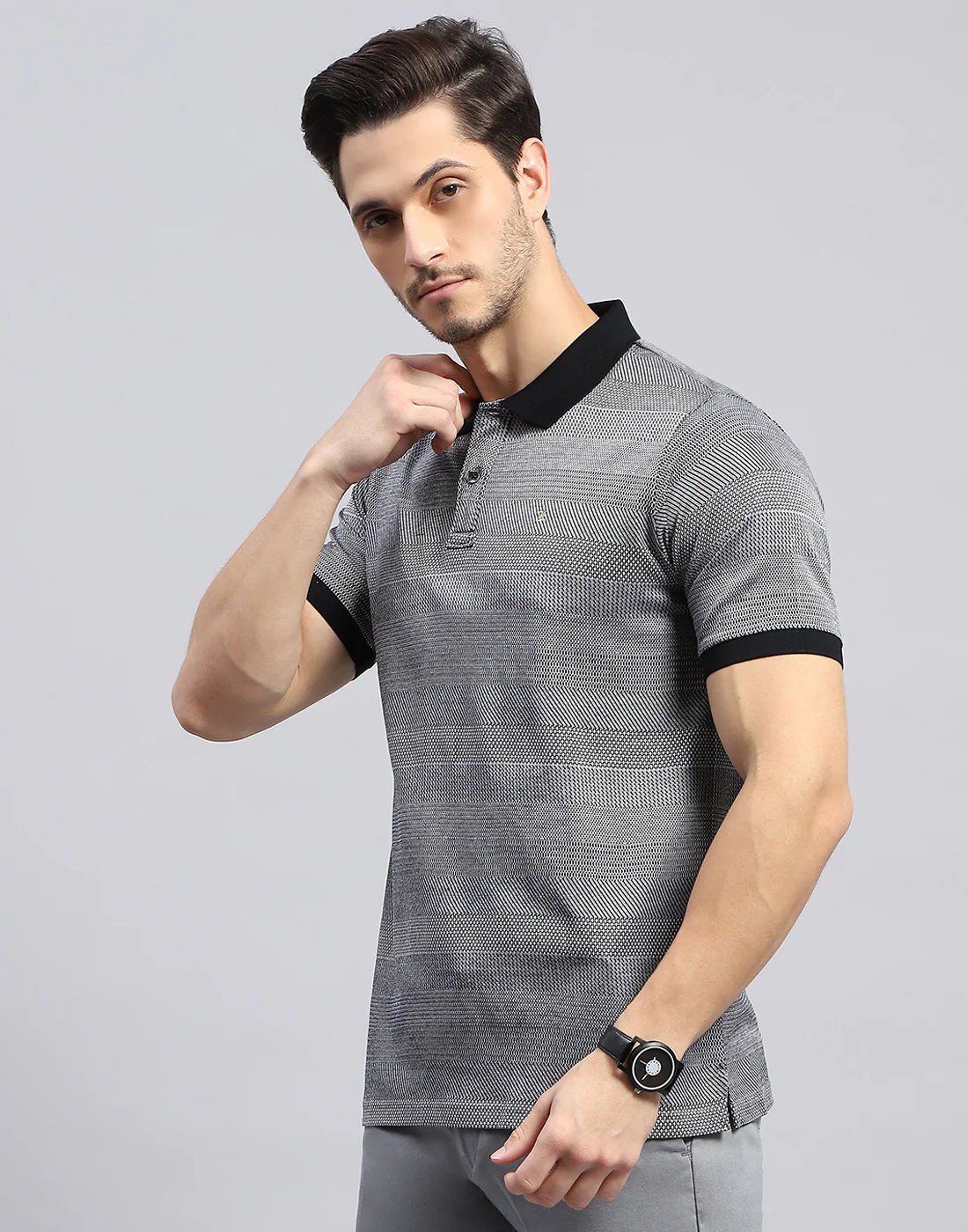 Men Black Self Design Polo Collar Half Sleeve T-Shirt - Image 3
