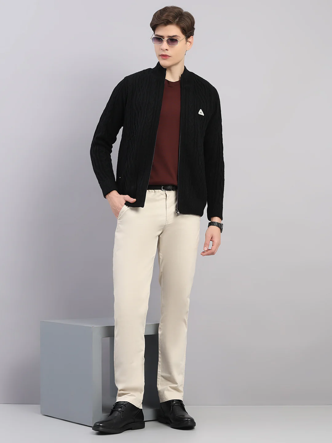 Men Black Self Design Round Neck Full Sleeve Jacket - Image 2