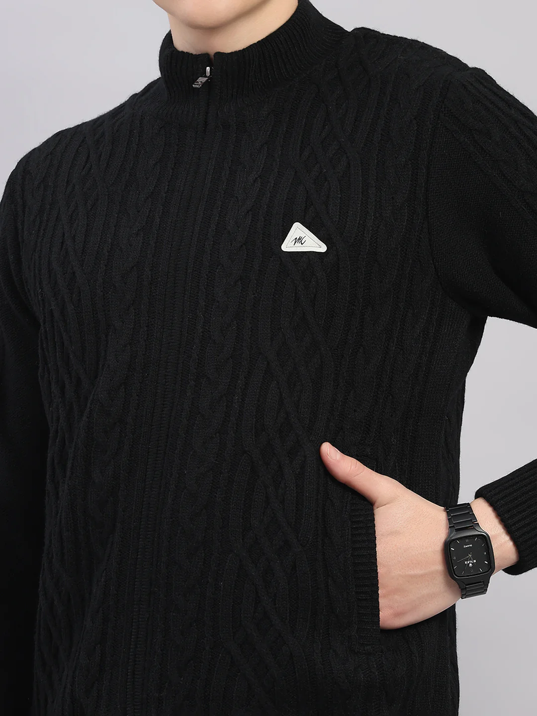 Men Black Self Design Round Neck Full Sleeve Jacket - Image 7