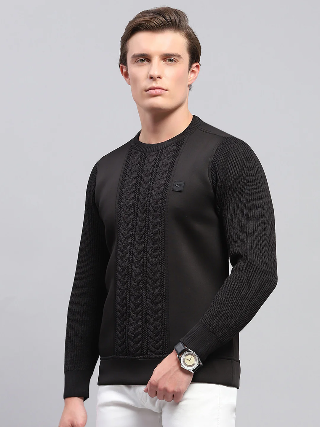 Men Black Self Design Round Neck Full Sleeve Pullover - Image 3