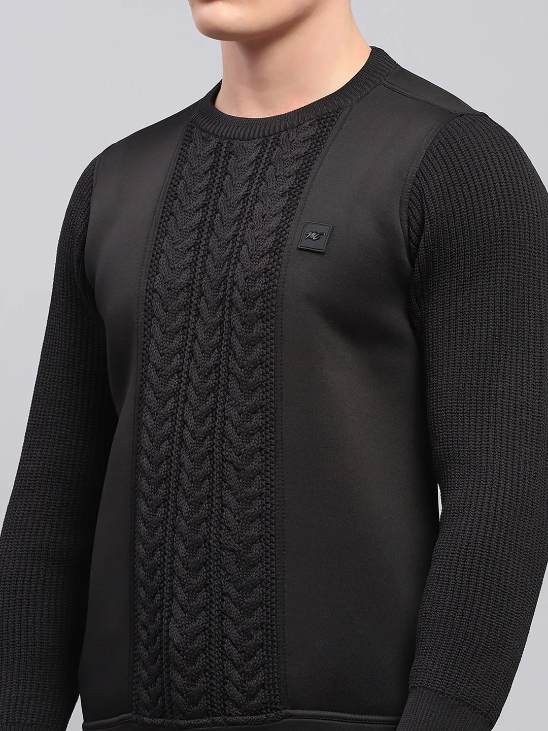 Men Black Self Design Round Neck Full Sleeve Pullover - Image 6