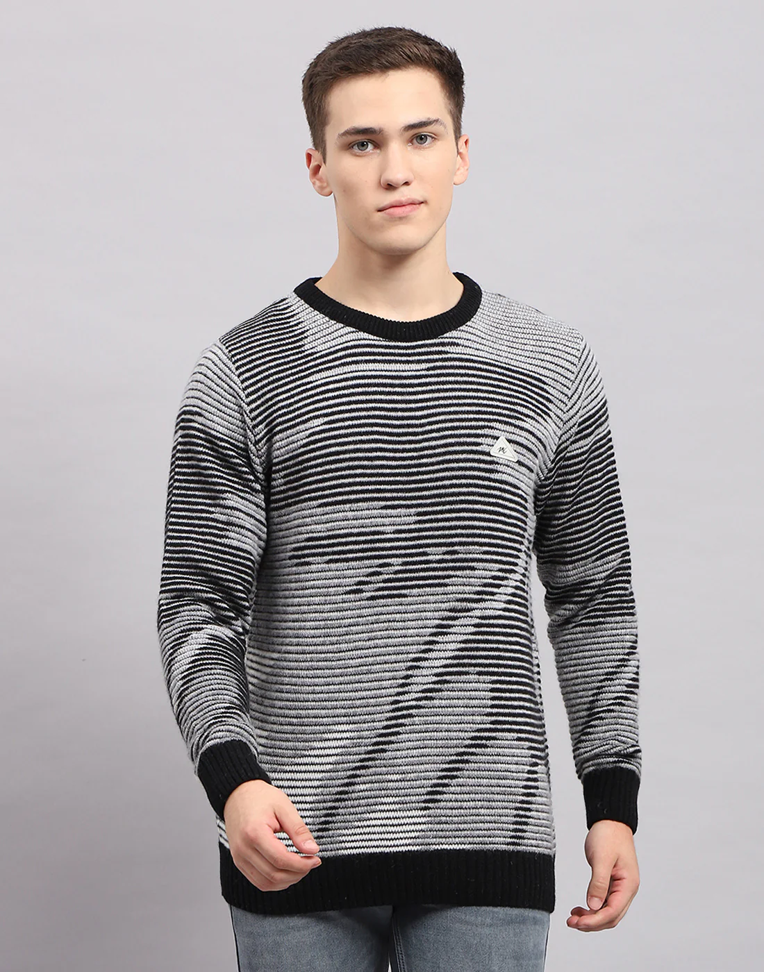 Men Black Self Design Round Neck Full Sleeve Pullover - Image 2