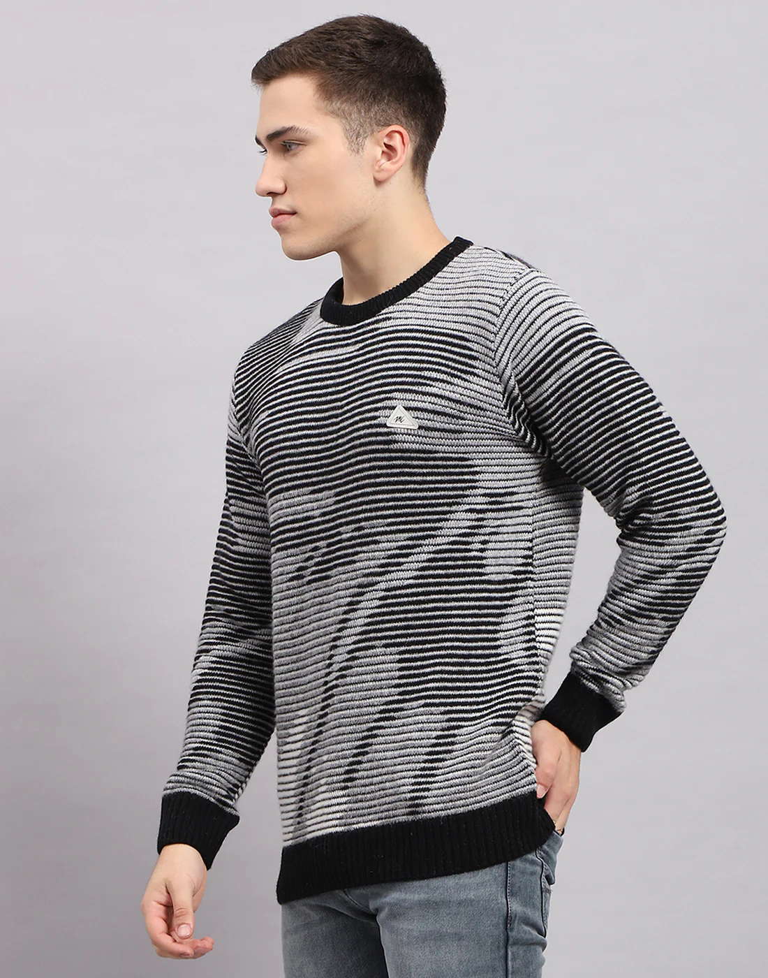 Men Black Self Design Round Neck Full Sleeve Pullover - Image 3