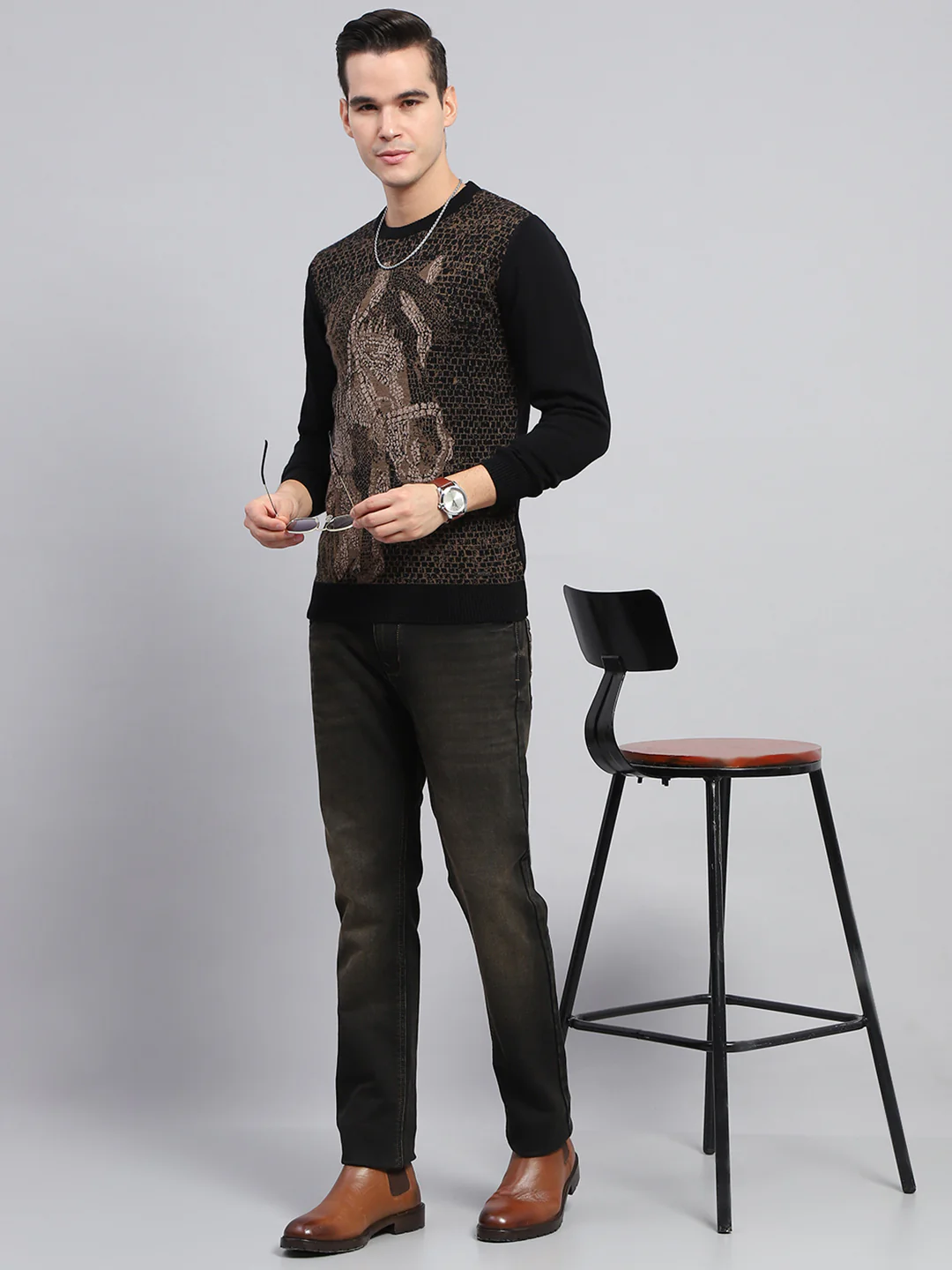 Men Black Self Design Round Neck Full Sleeve Pullover - Image 2