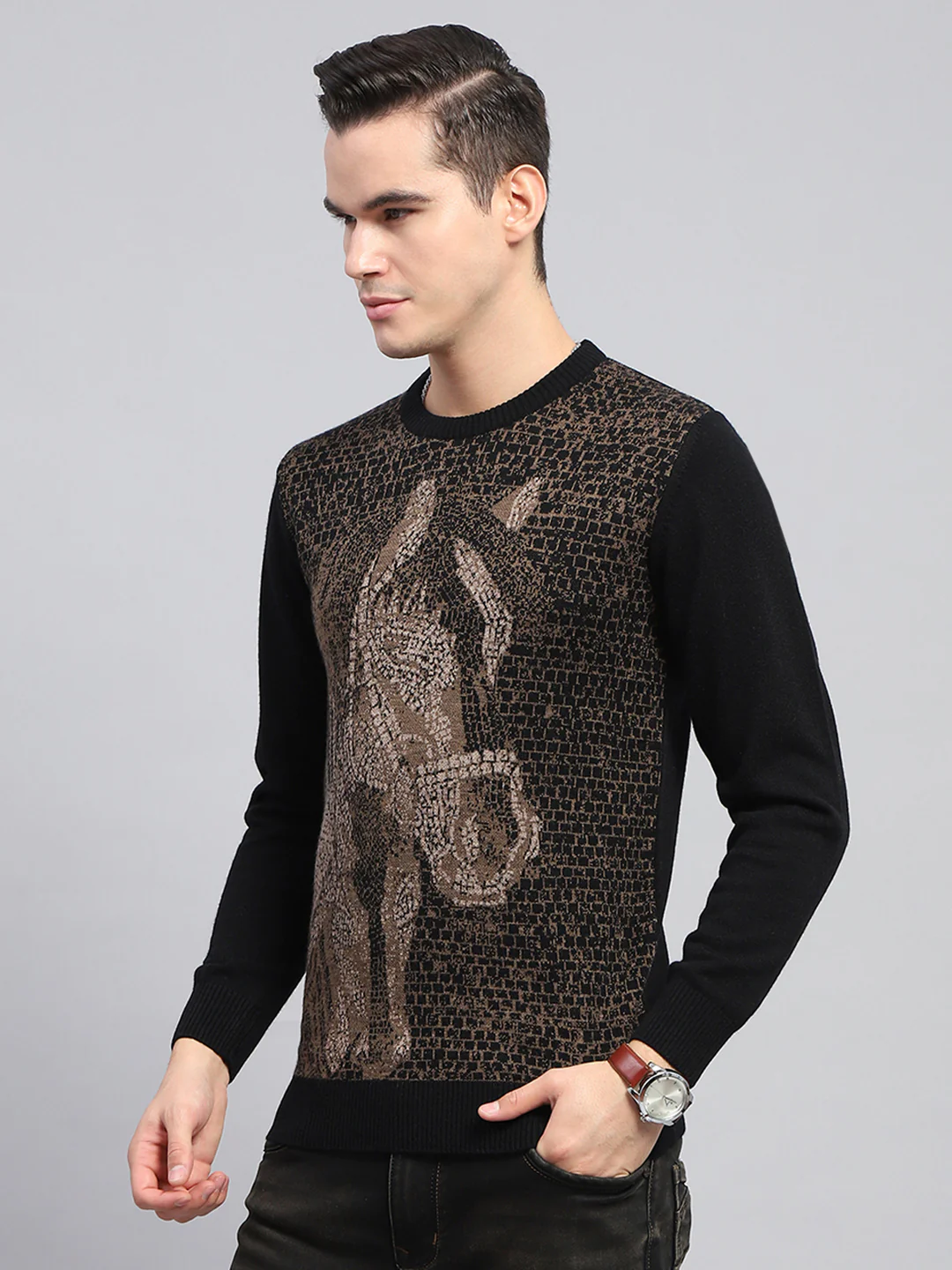 Men Black Self Design Round Neck Full Sleeve Pullover - Image 3
