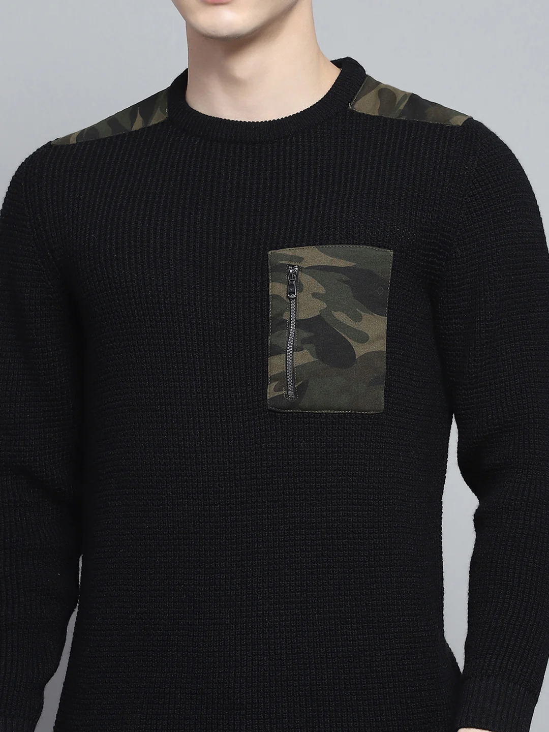 Men Black Self Design Round Neck Full Sleeve Pullover - Image 6