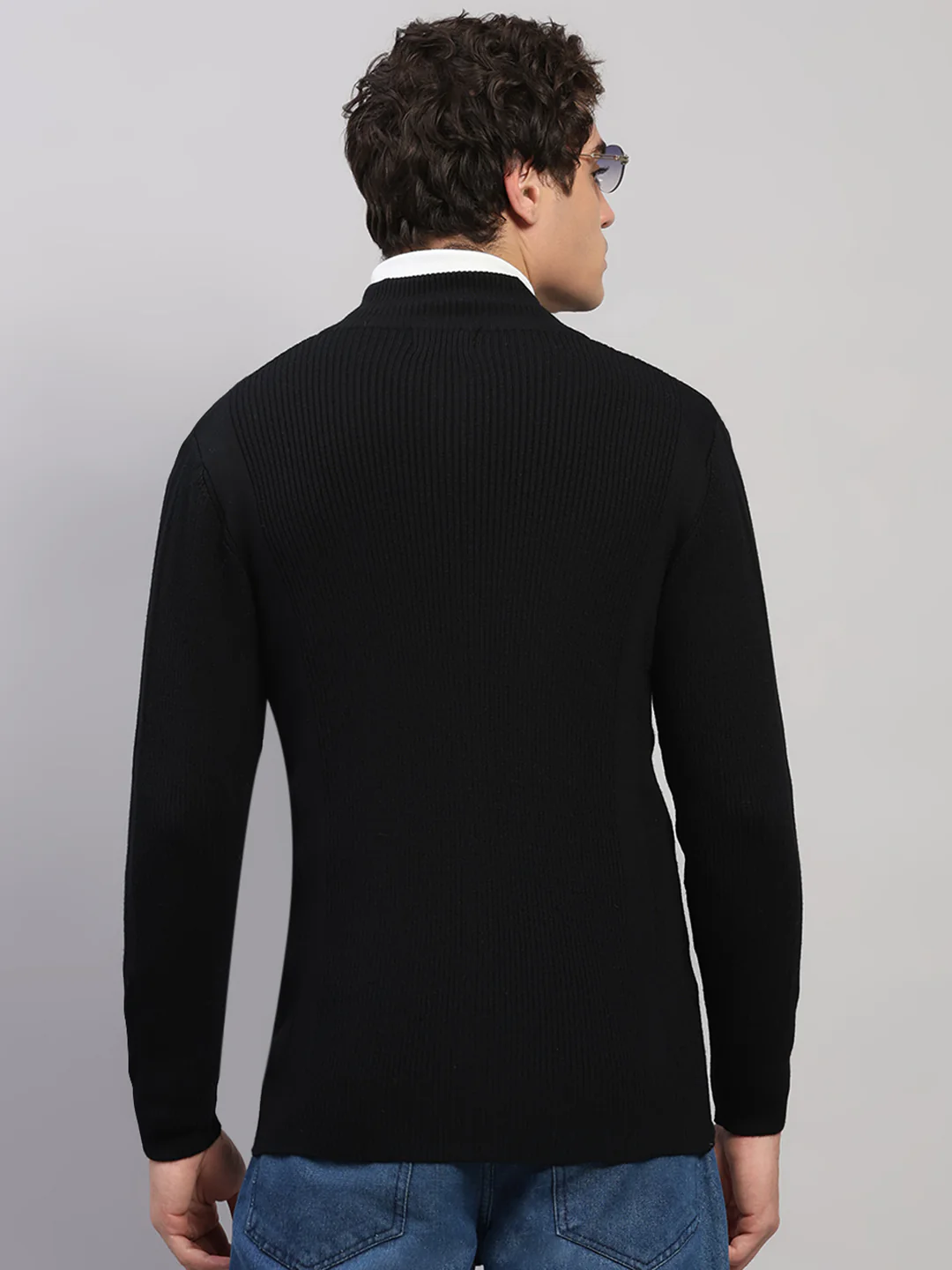 Luxuria Men Black Self Design Round Neck Full Sleeve Pullover - Image 5