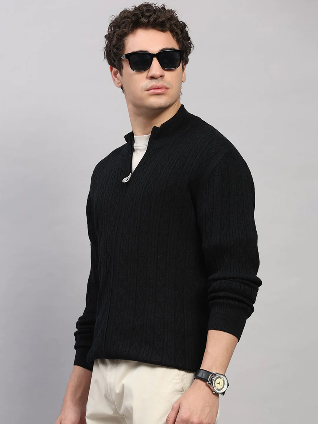 Luxuria Men Black Self Design Round Neck Full Sleeve Pullover - Image 3