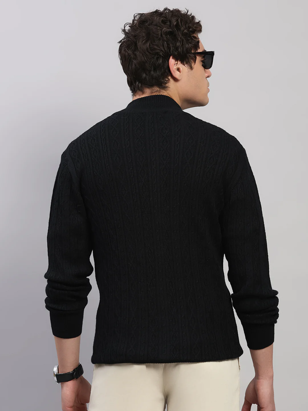 Luxuria Men Black Self Design Round Neck Full Sleeve Pullover - Image 5