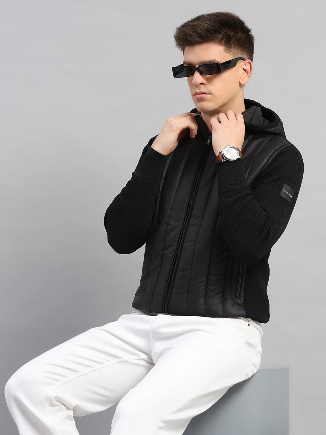 Men Black Self Design Round Neck Full Sleeve Pullover - Image 6