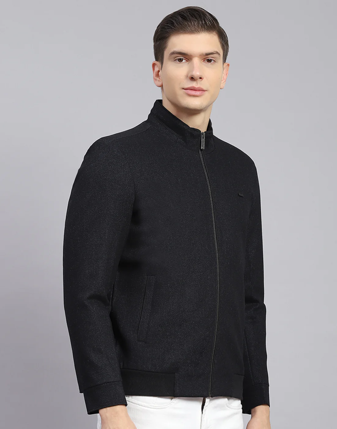 Men Black Self Design Stand Collar Full Sleeve Jacket - Image 6