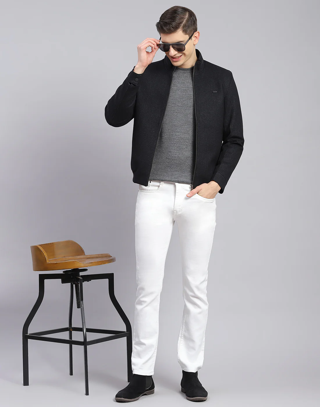 Men Black Self Design Stand Collar Full Sleeve Jacket - Image 7