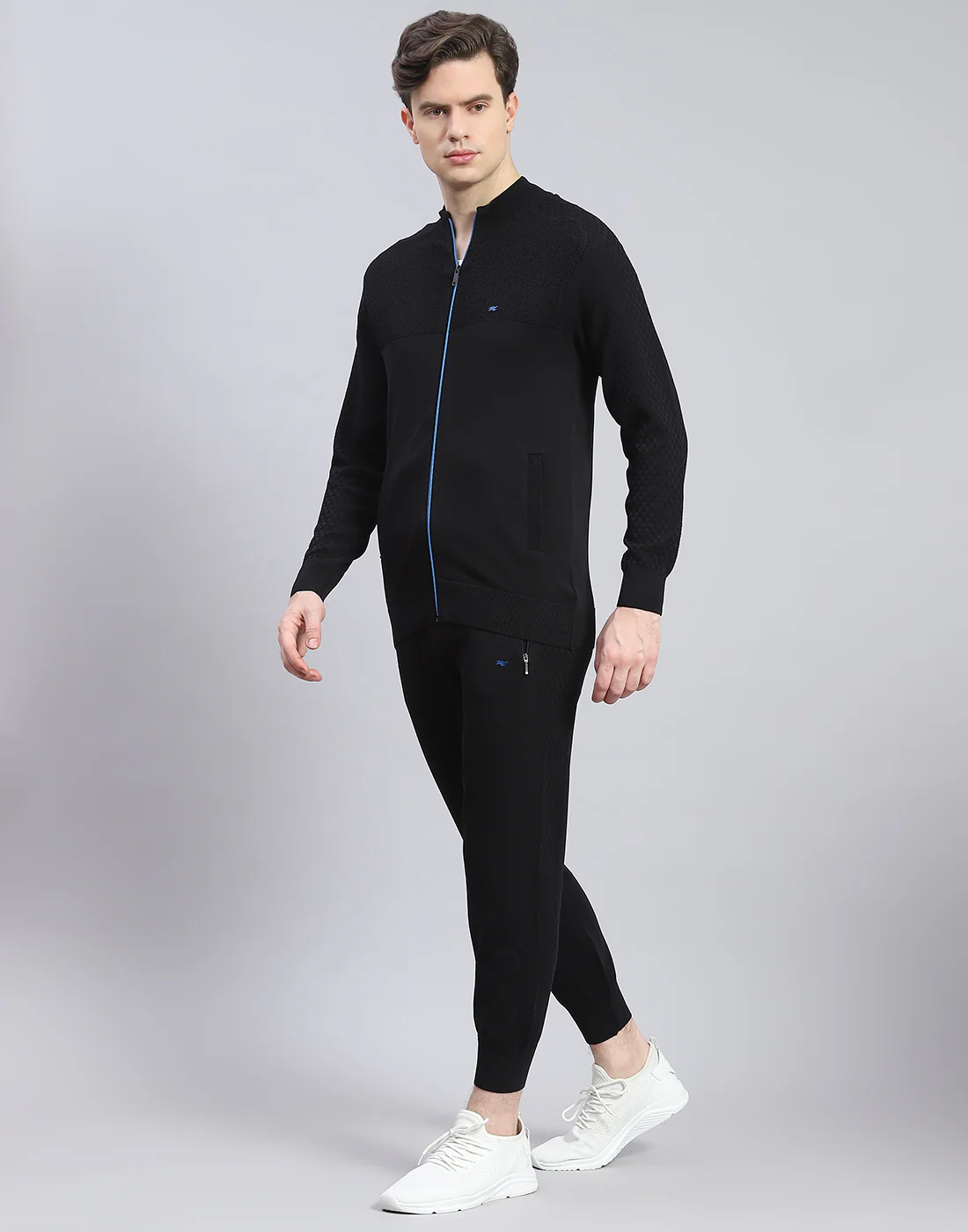 Men Black Self Design Stand Collar Full Sleeve Tracksuit - Image 3