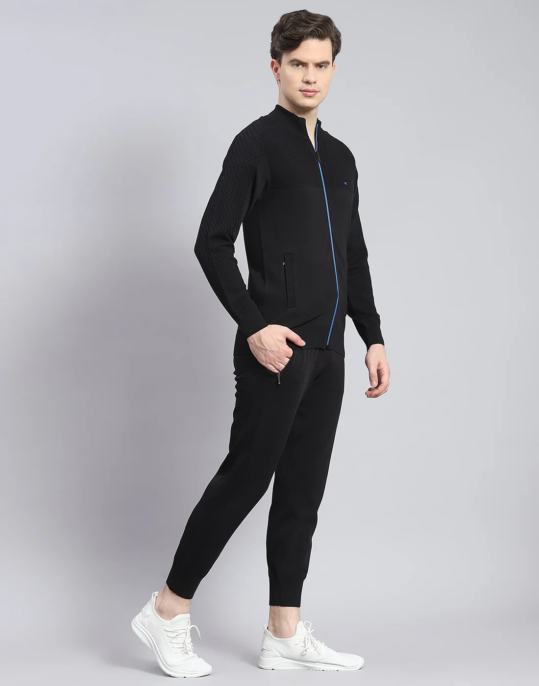 Men Black Self Design Stand Collar Full Sleeve Tracksuit - Image 4