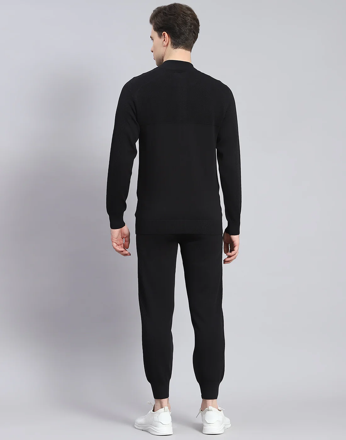 Men Black Self Design Stand Collar Full Sleeve Tracksuit - Image 5