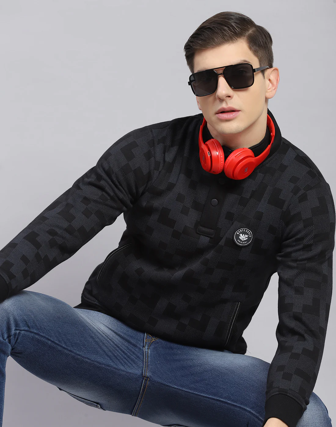 Men Black Self Design T Neck Full Sleeve Sweatshirt - Image 2