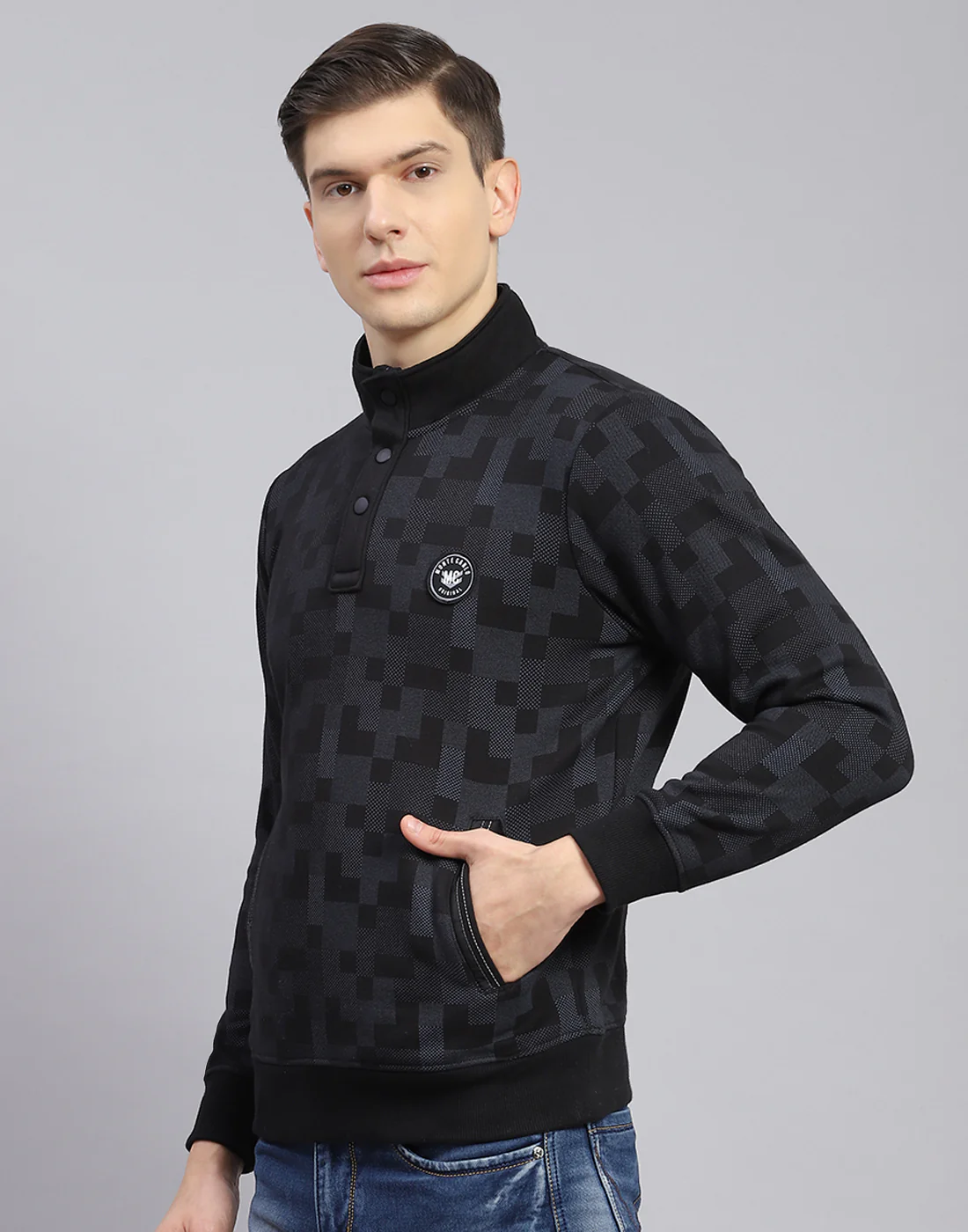 Men Black Self Design T Neck Full Sleeve Sweatshirt - Image 4