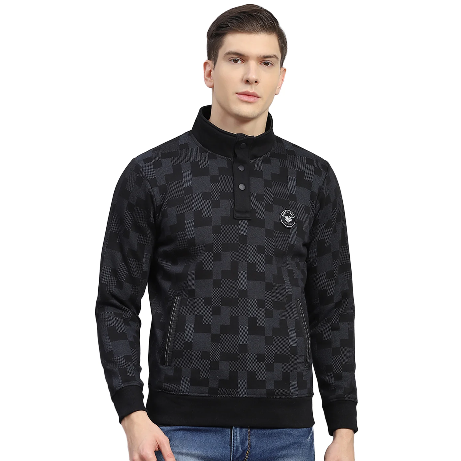 Men Black Self Design T Neck Full Sleeve Sweatshirt - Image 5