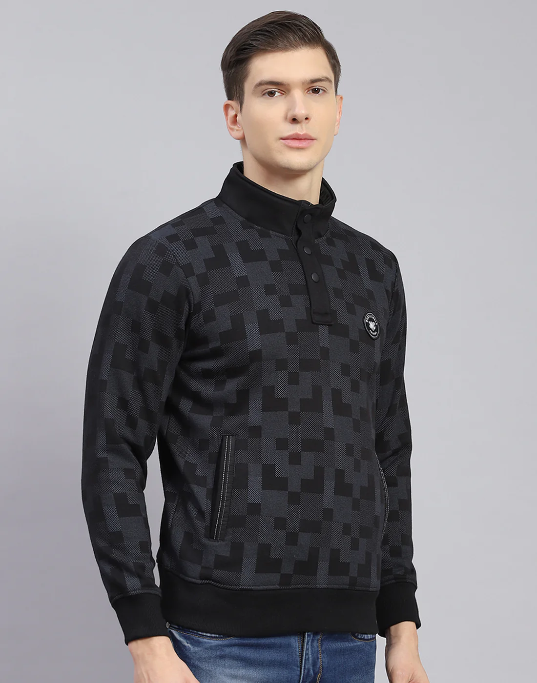 Men Black Self Design T Neck Full Sleeve Sweatshirt - Image 6