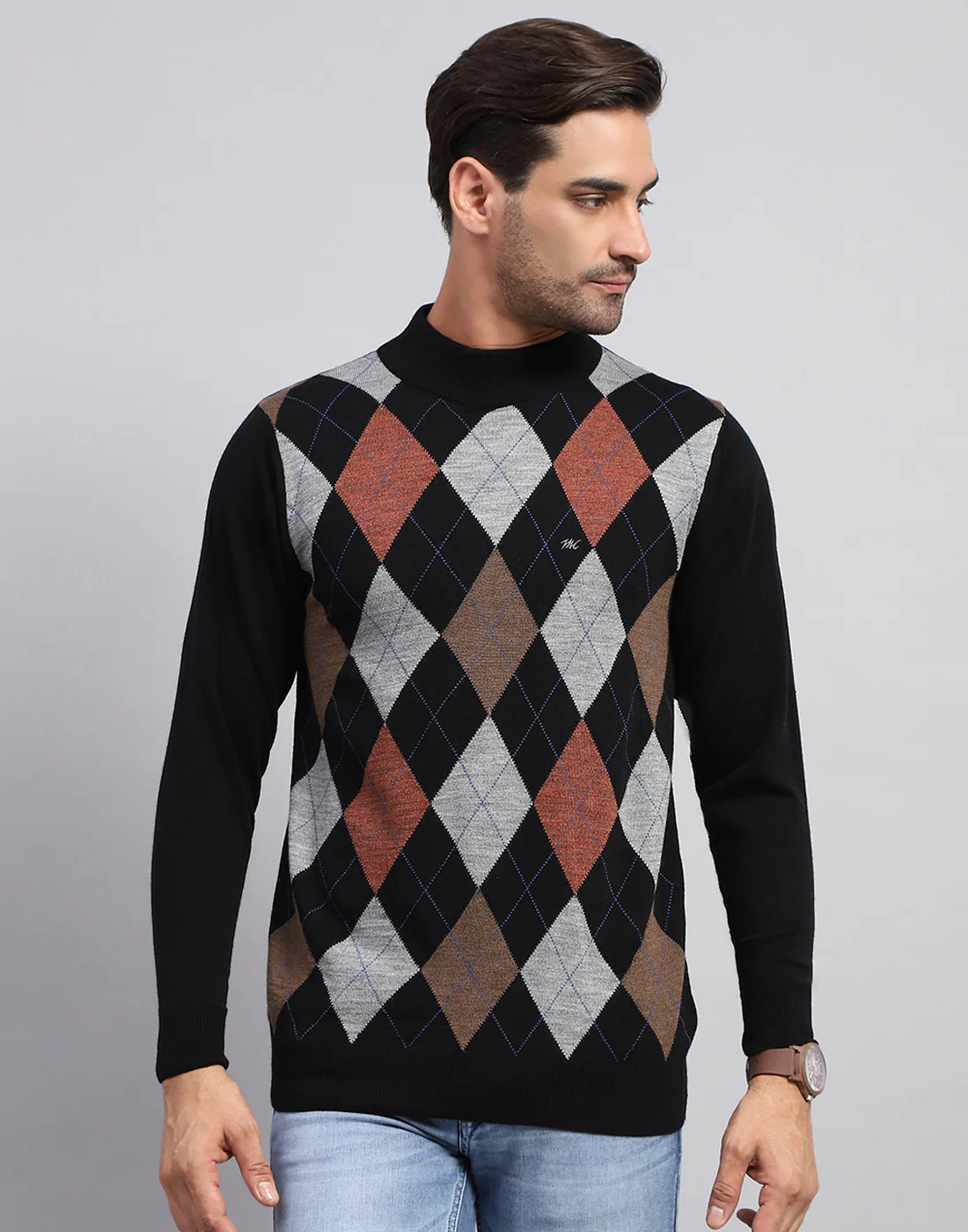 Men Black Self Design Turtle Neck Full Sleeve Pullover - Image 2