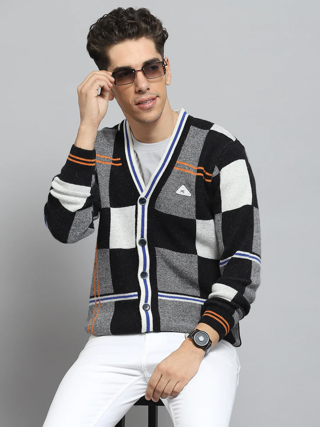 Men Black Self Design V Neck Full Sleeve Cardigan - Image 6