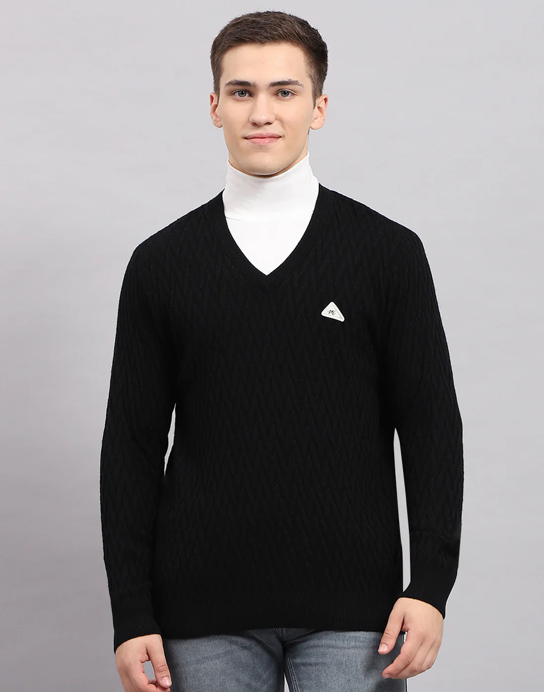 Men Black Self Design V Neck Full Sleeve Pullover - Image 2