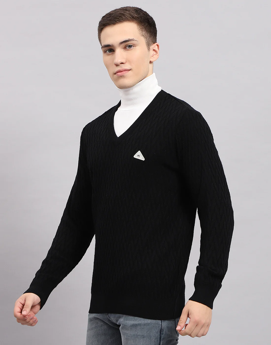 Men Black Self Design V Neck Full Sleeve Pullover - Image 3