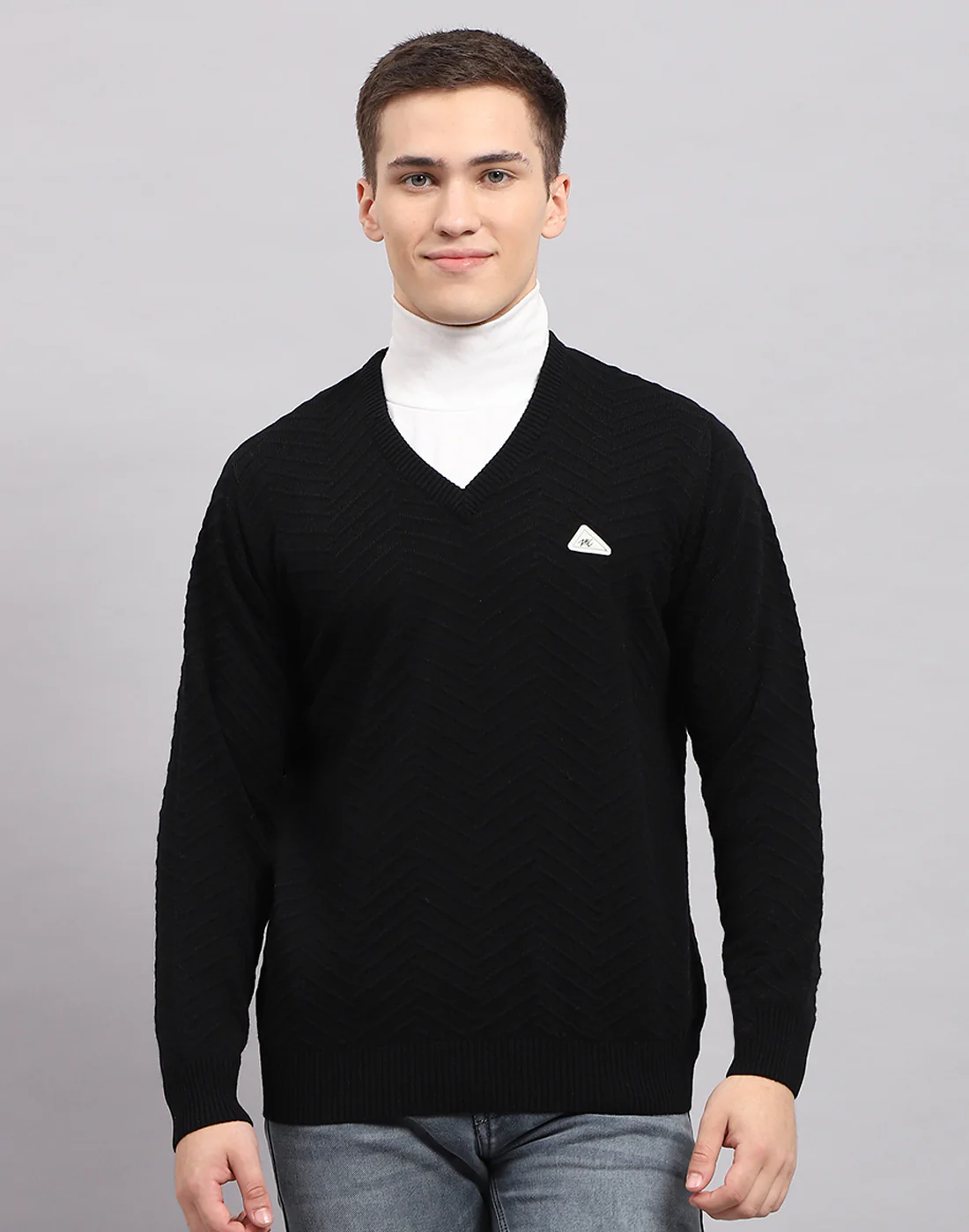 Men Black Self Design V Neck Full Sleeve Pullover - Image 2