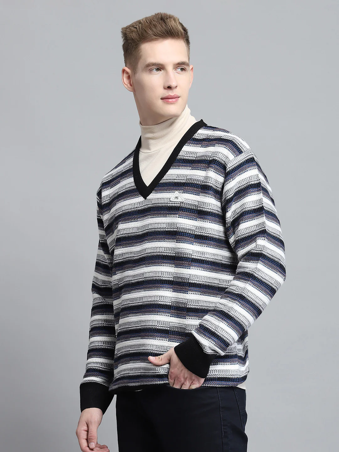 Men Black Self Design V Neck Full Sleeve Pullover - Image 3