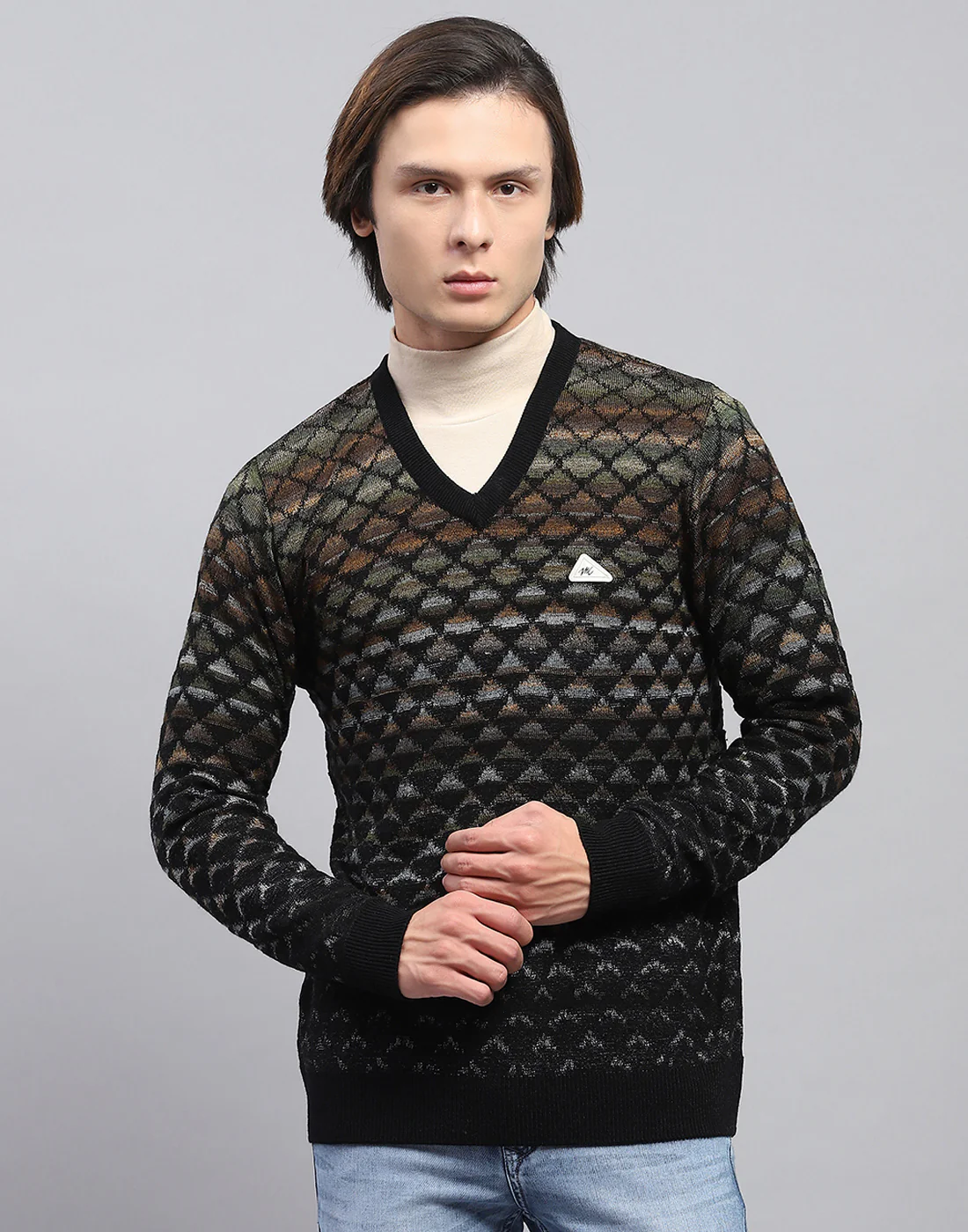 Men Black Self Design V Neck Full Sleeve Pullover - Image 2