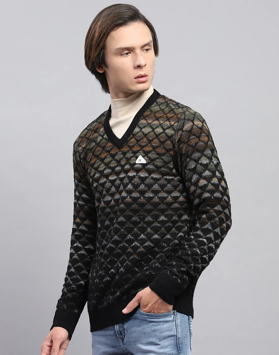 Men Black Self Design V Neck Full Sleeve Pullover - Image 3
