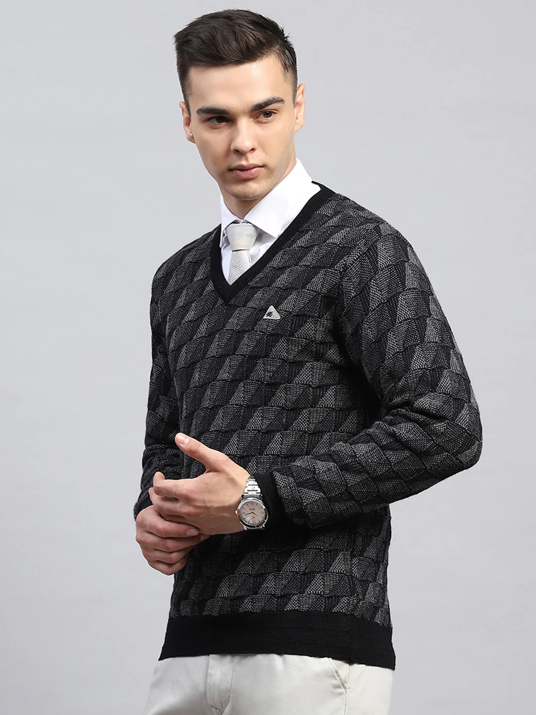 Men Black Self Design V Neck Full Sleeve Pullover - Image 3