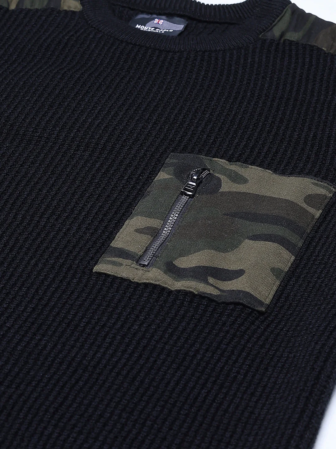 Men Black Self Design Round Neck Full Sleeve Pullover - Image 7