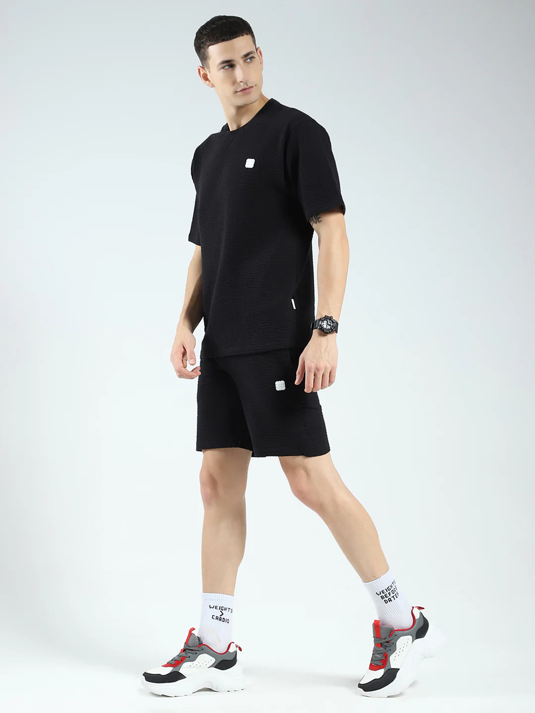 Rock.it Men Black Self Design Round Neck Half Sleeve Shorts Set - Image 3