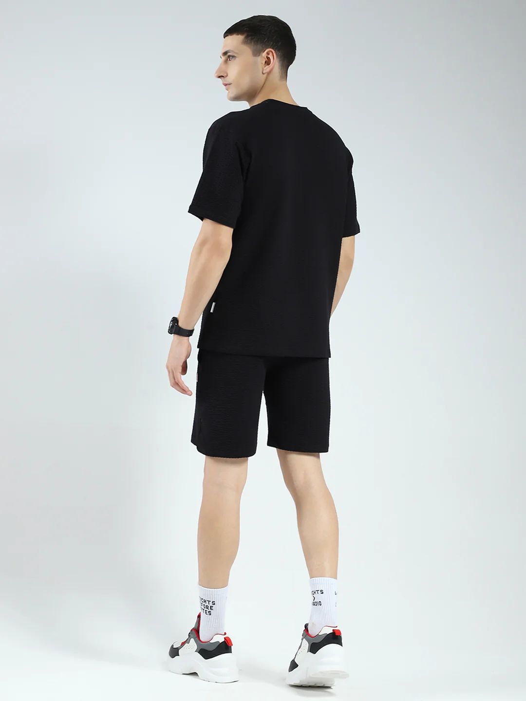 Rock.it Men Black Self Design Round Neck Half Sleeve Shorts Set - Image 5