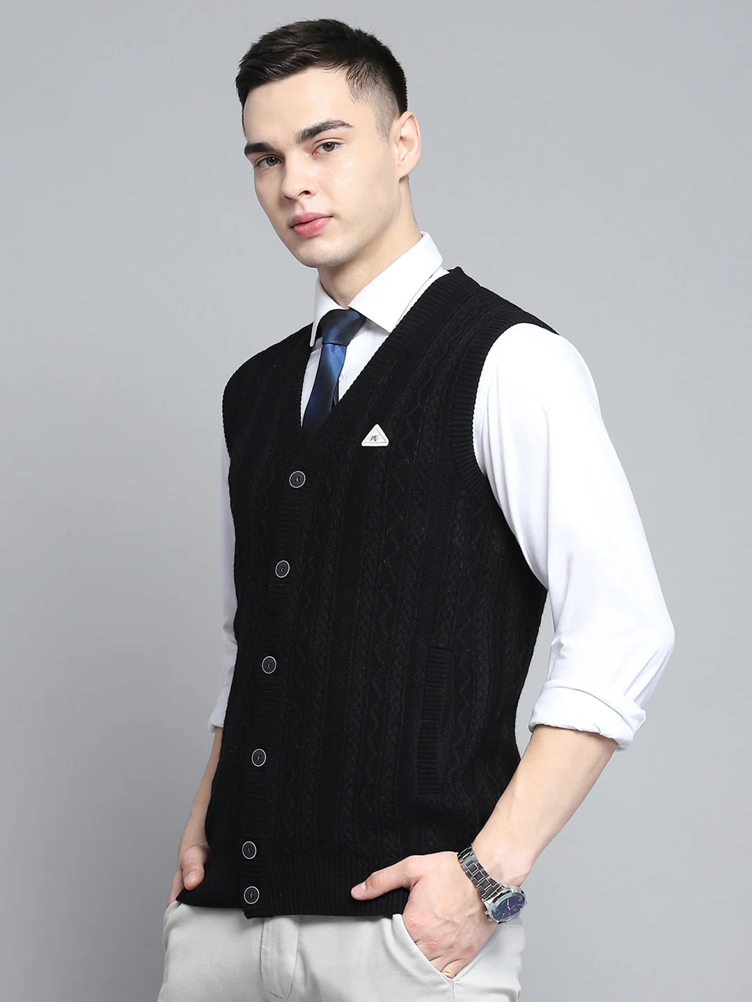 Men Black Self Design V Neck Sleeveless Cardigan - Image 3