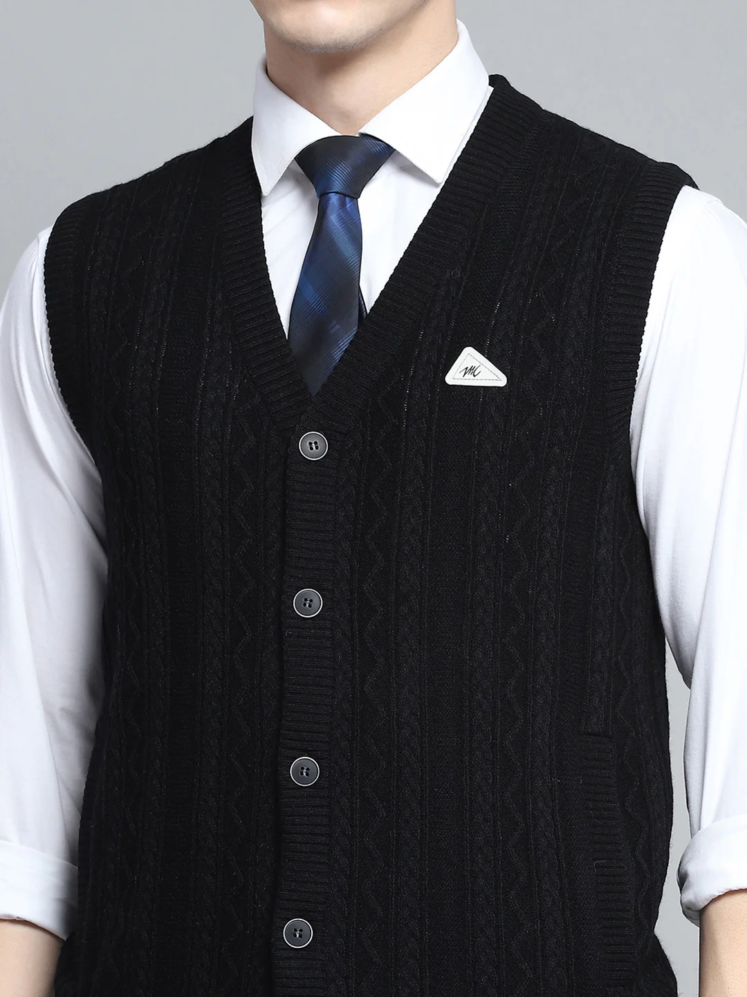 Men Black Self Design V Neck Sleeveless Cardigan - Image 6