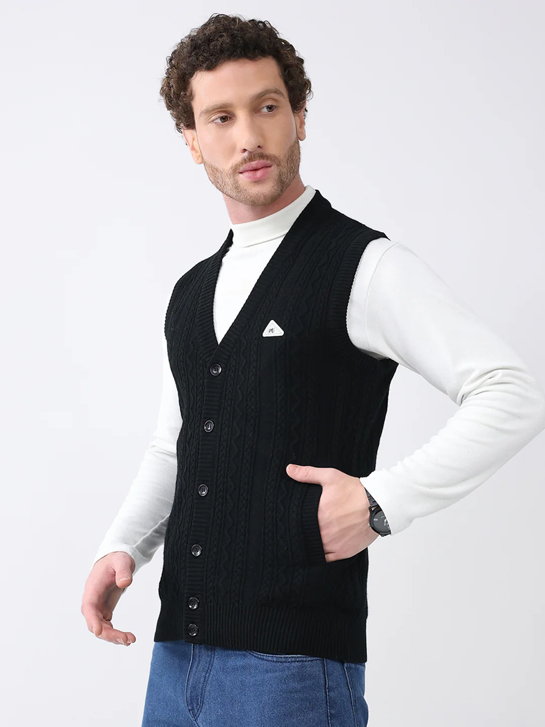 Men Black Self Design V Neck Sleeveless Cardigan - Image 3