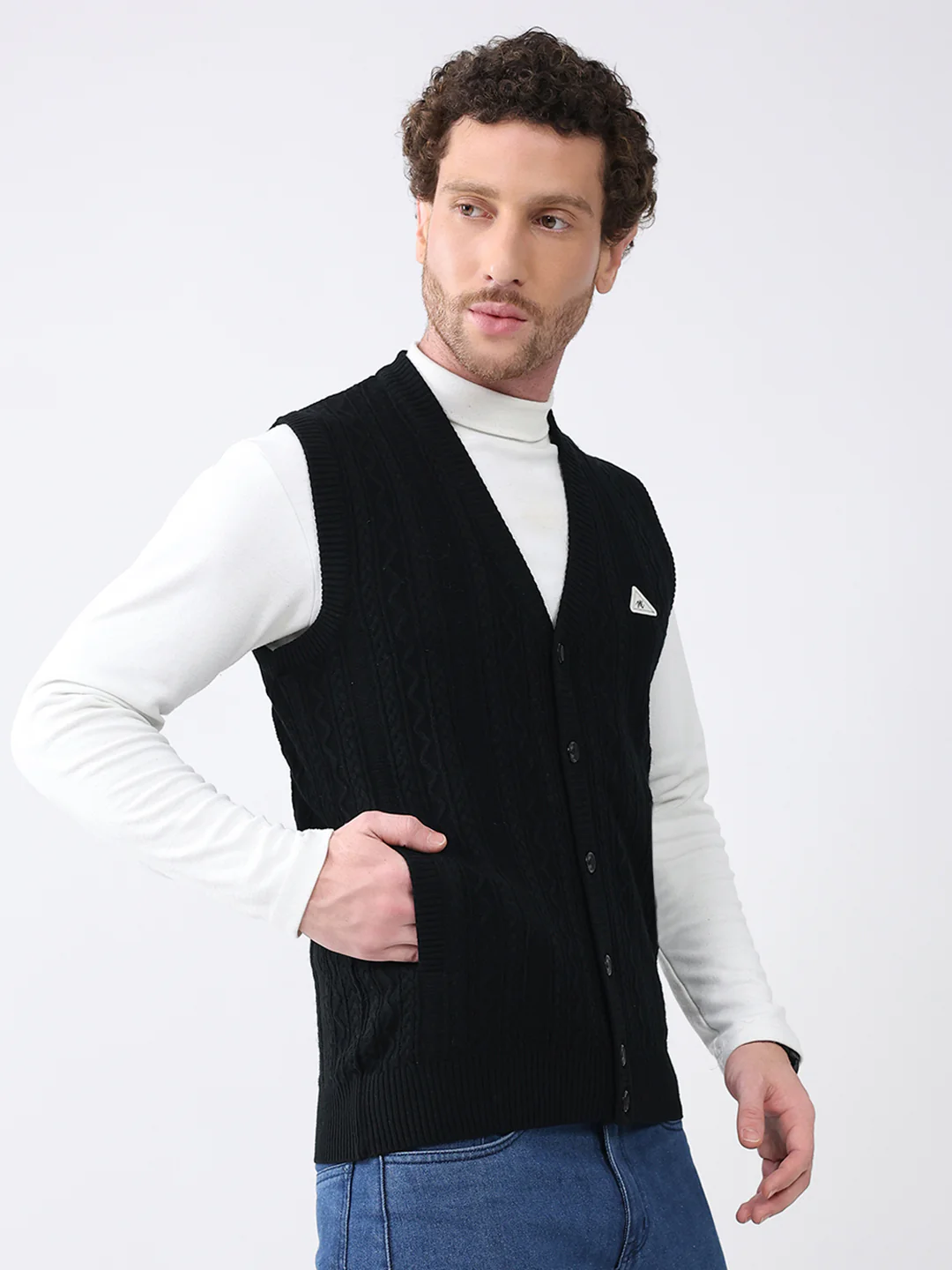 Men Black Self Design V Neck Sleeveless Cardigan - Image 4