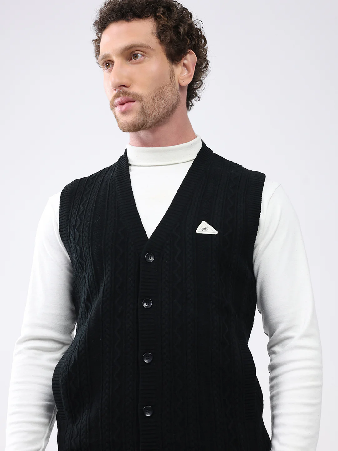 Men Black Self Design V Neck Sleeveless Cardigan - Image 6