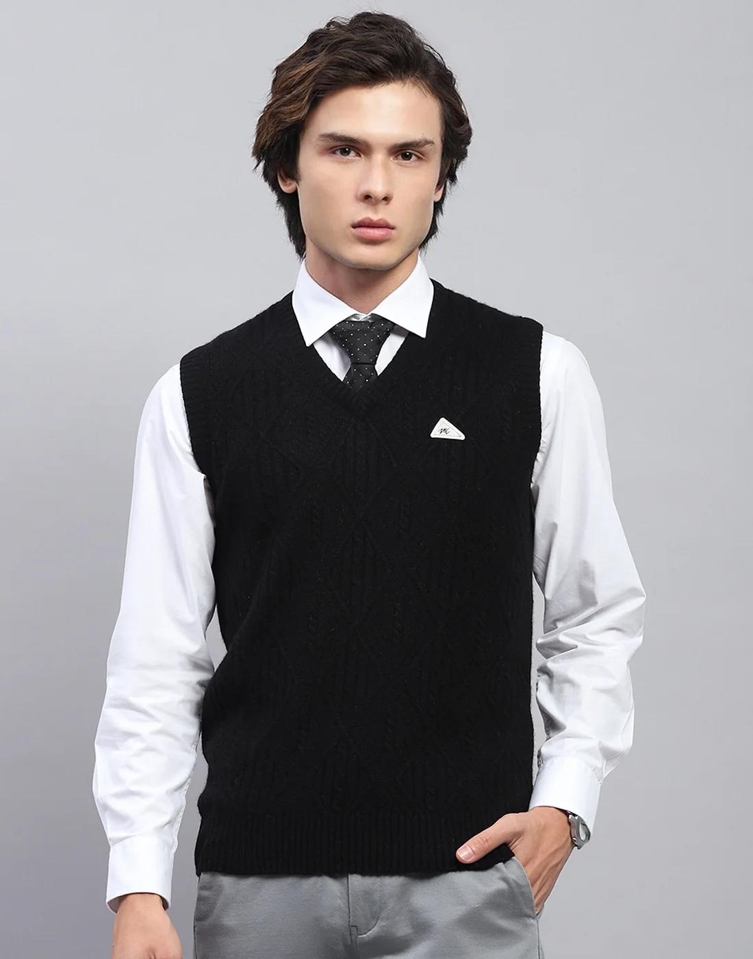 Men Black Self Design V Neck Sleeveless Sweater - Image 2
