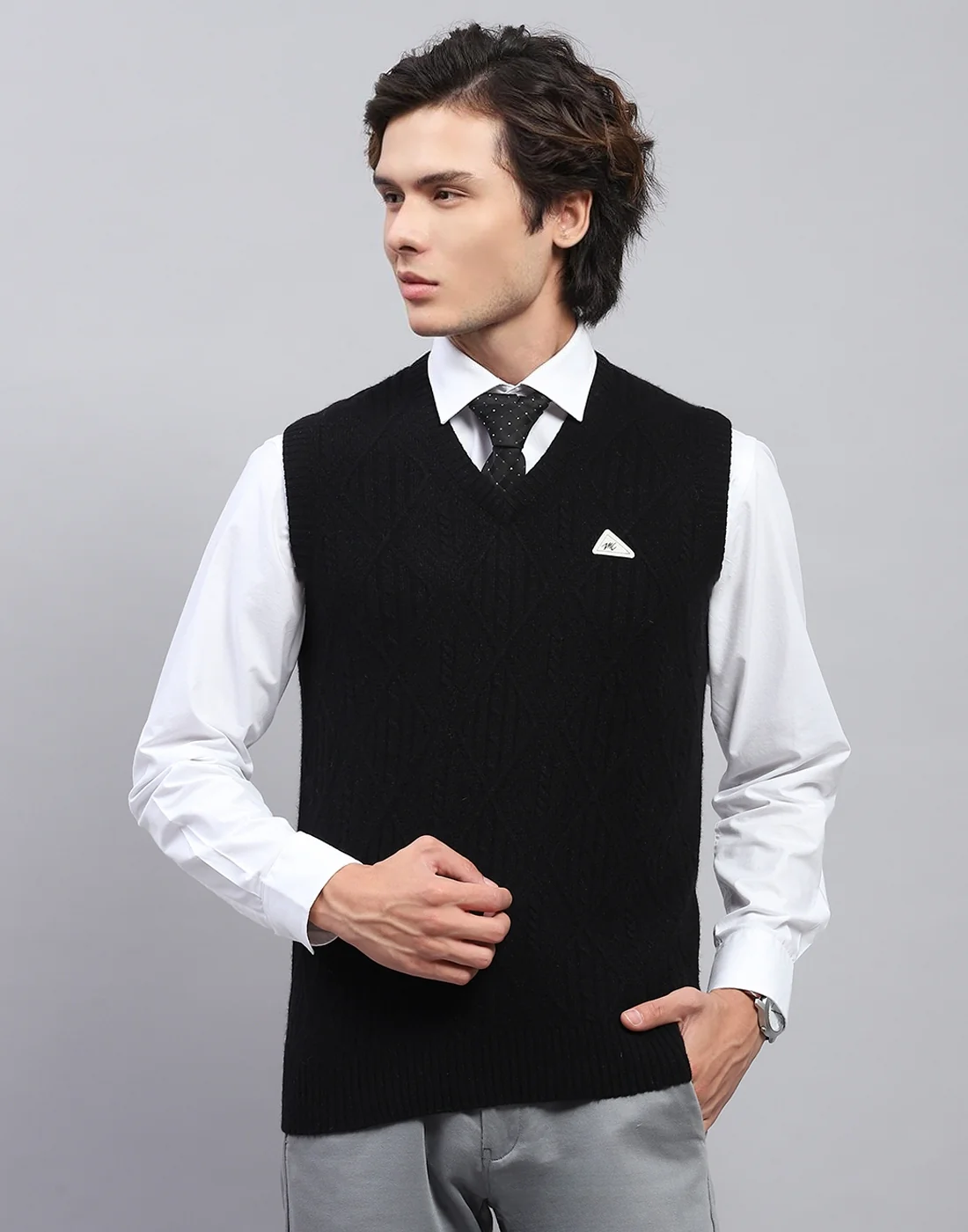 Men Black Self Design V Neck Sleeveless Sweater - Image 6