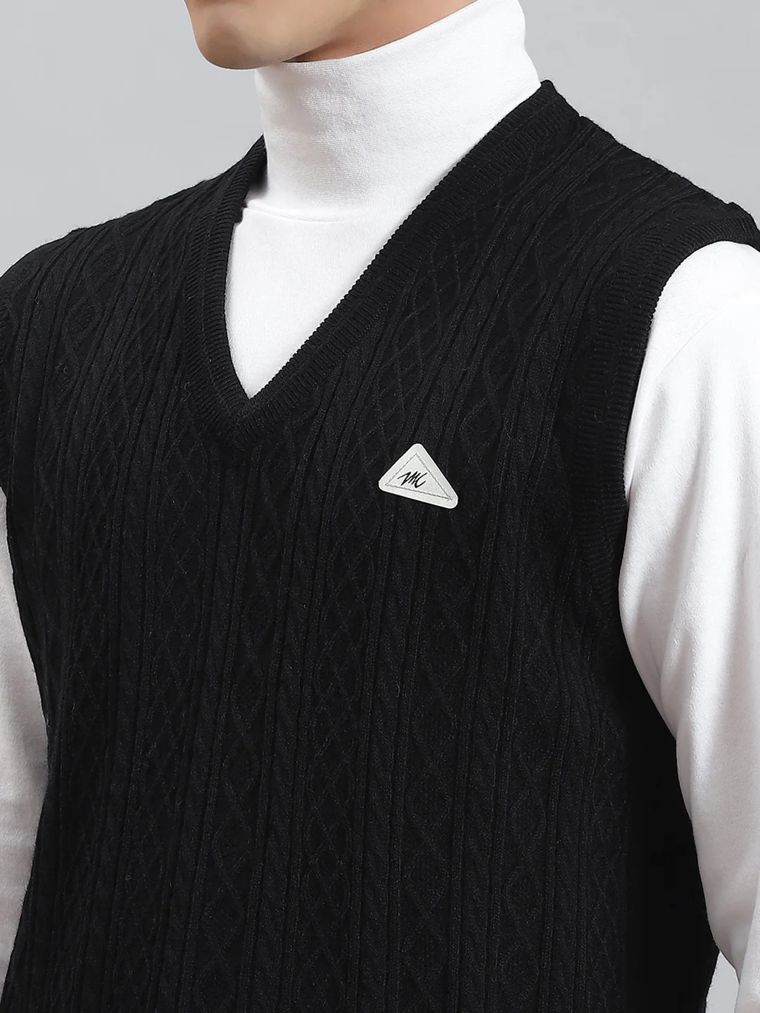 Men Black Self Design V Neck Sleeveless Sweaters/Pullovers - Image 6