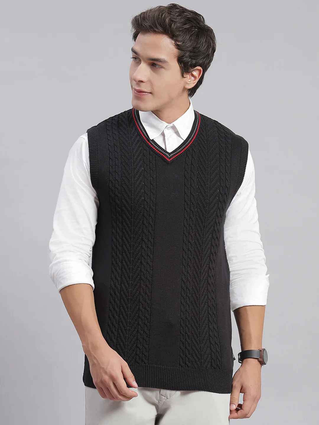 Men Black Self Design V Neck Sleeveless Sweaters/Pullovers - Image 2