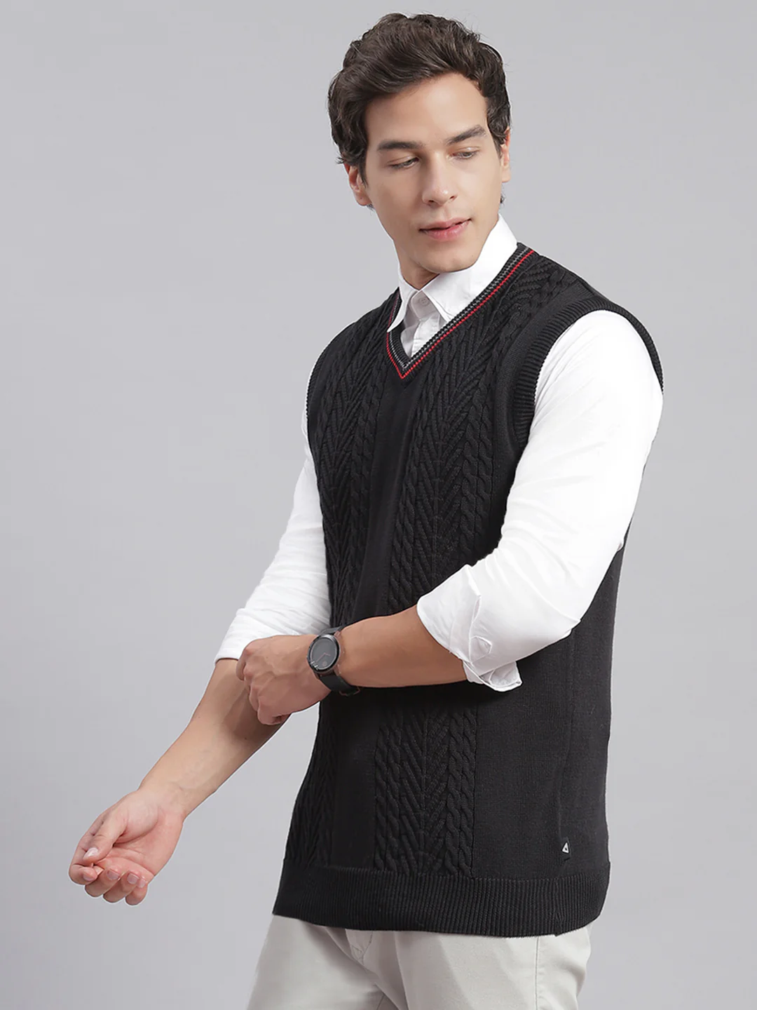 Men Black Self Design V Neck Sleeveless Sweaters/Pullovers - Image 3
