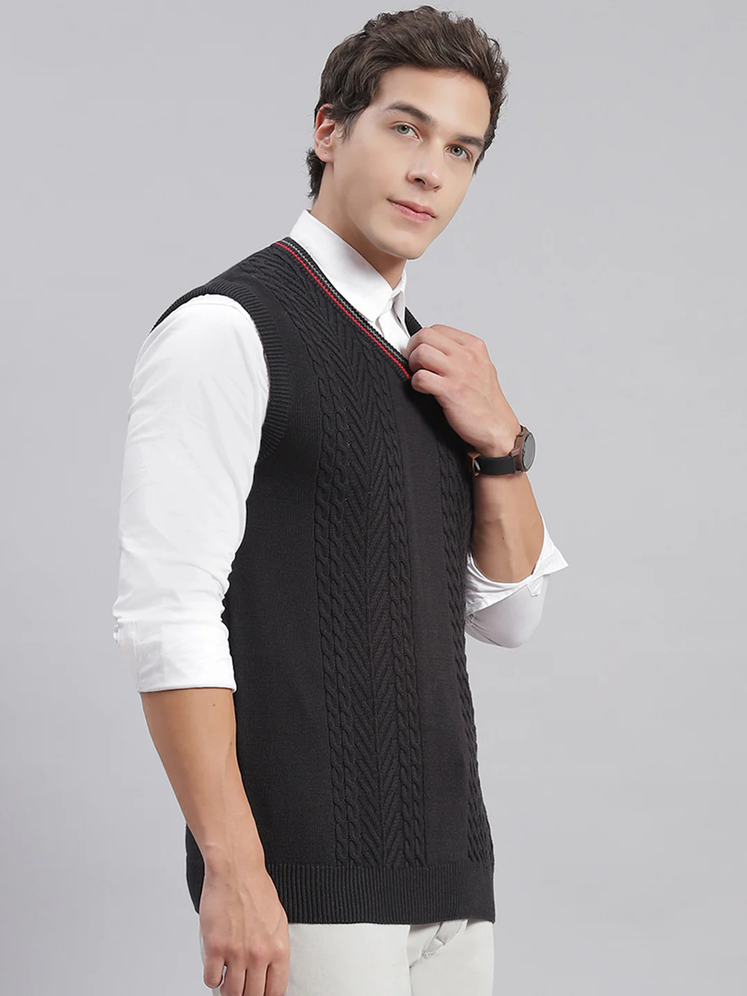 Men Black Self Design V Neck Sleeveless Sweaters/Pullovers - Image 4