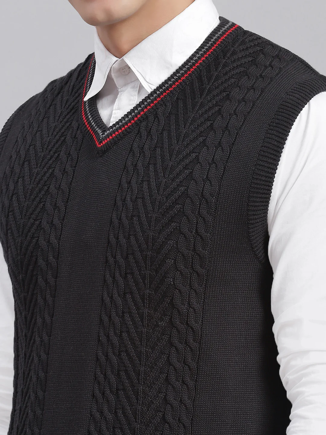 Men Black Self Design V Neck Sleeveless Sweaters/Pullovers - Image 6
