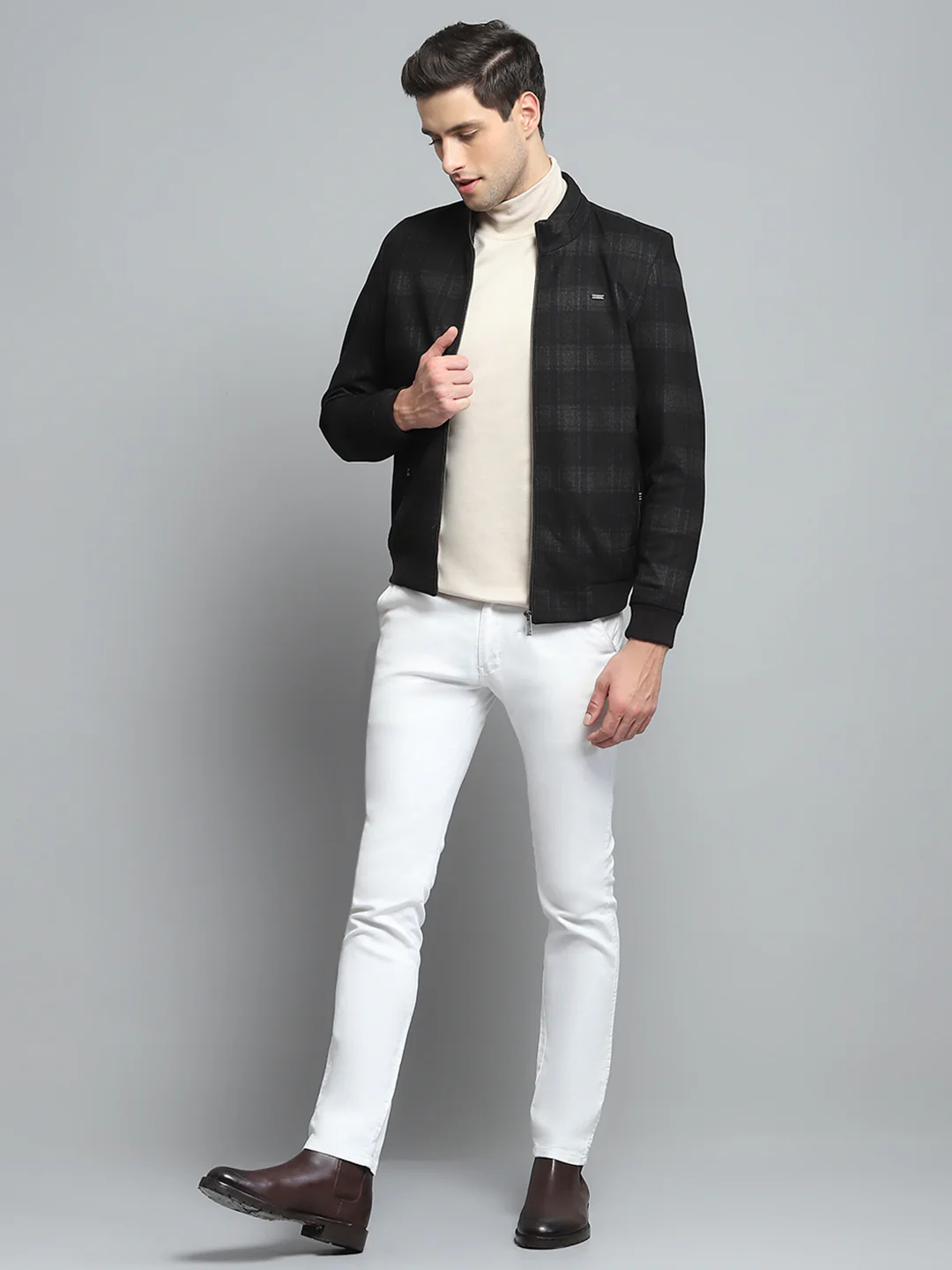 Men Black Solid Band Collar Full Sleeve Jacket - Image 2